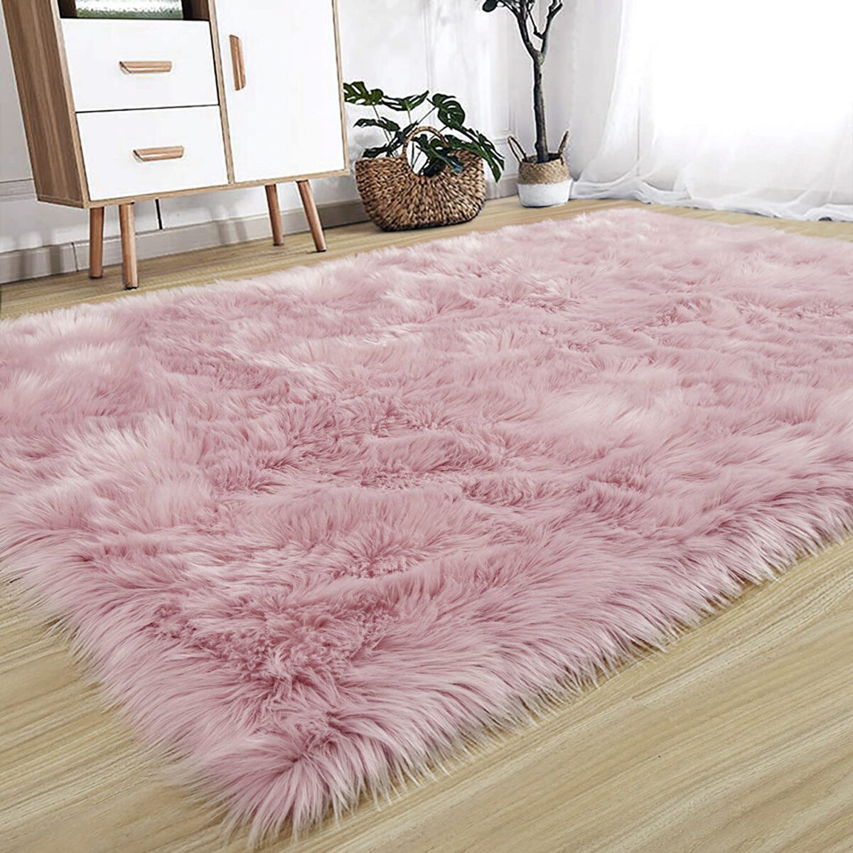 Pink Faux Fur Rectangular Rug